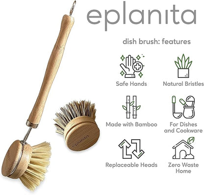 eplanita Natural Dish Brush, 3 Replacement Heads, Kitchen Eco Bamboo Scrubber Brushes, Extra Plant Sponge, Plastic Free Washing Up, Zero Waste Cleaning