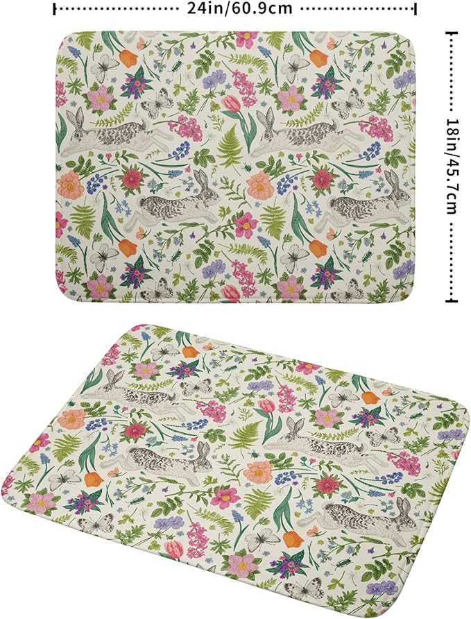 Spring Easter Dish Drying Mat for Kitchen Counter 18x24 Rabbit Bunny Green Pink Floral Vintage Print Absorbent Reversible Microfiber Drying Mats Kitchen Countertop Protector Dishes Drainer Rack Pad