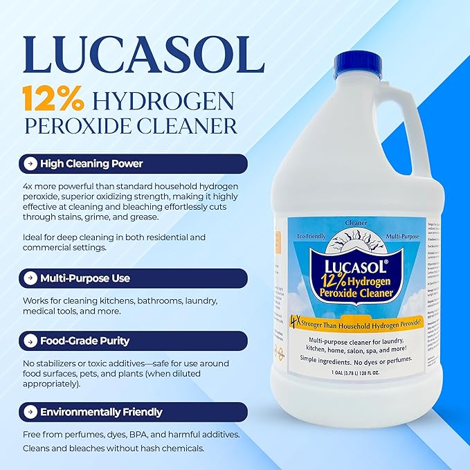 Lucasol Food Grade Hydrogen Peroxide 12% Percent - 1 Gallon (128 oz) - Multi-Purpose Cleaner, Laundry, Plant Care & Bleach Alternative