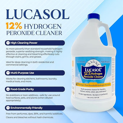 Lucasol Food Grade Hydrogen Peroxide 12% Percent - 1 Gallon (128 oz) - Multi-Purpose Cleaner, Laundry, Plant Care & Bleach Alternative