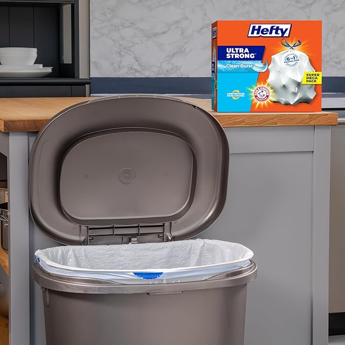 Hefty Ultra Strong 13 Gallon Trash Bags, Tall Kitchen Trash Bags 13 Gallon Size, Drawstring Closure, Continuous Odor Control, White, Clean Burst Scent, 80 Bags (Pack of 3)
