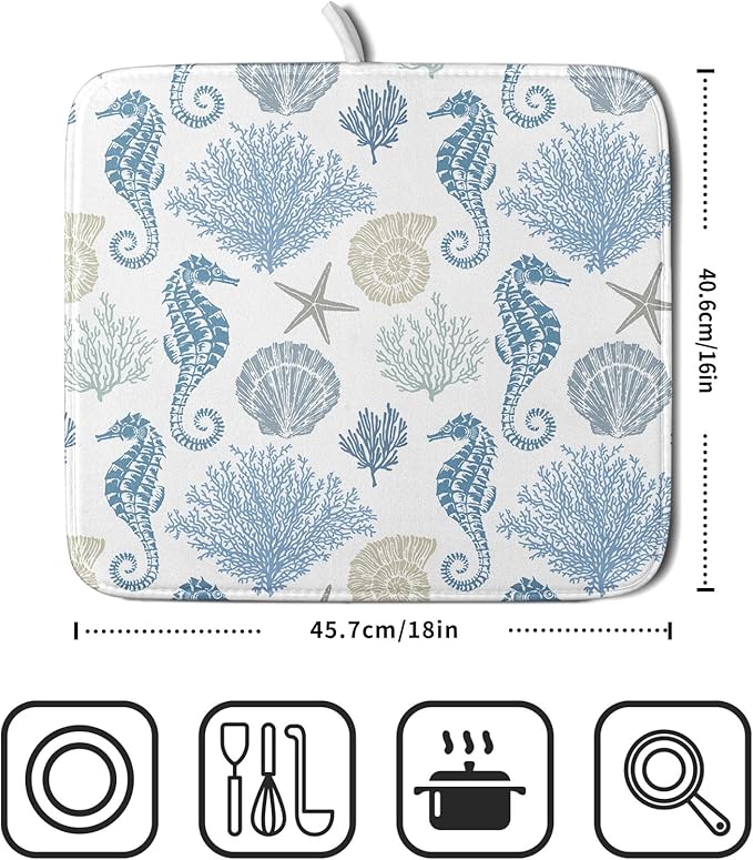 Blue Coral Dish Drying Pad 18 x 24 Inch With Absorbent Reversible Microfiber Coastal Starfish Seashell Summer Drying Mats Dish Drainer Mat Fast Dry For Kitchen Dining Room Decoration