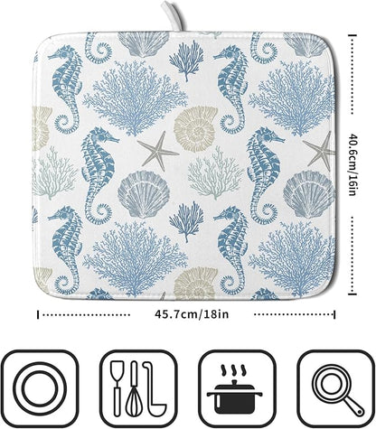 Blue Coral Dish Drying Pad 18 x 24 Inch With Absorbent Reversible Microfiber Coastal Starfish Seashell Summer Drying Mats Dish Drainer Mat Fast Dry For Kitchen Dining Room Decoration