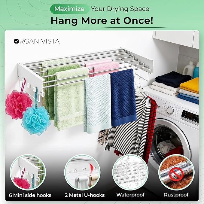 Laundry drying rack wall mount(28-INCH White), a wall mount clothes drying rack solution with reinforced metal frame, easy installation in tight spaces and foldable; drying rack clothing wall mounted.