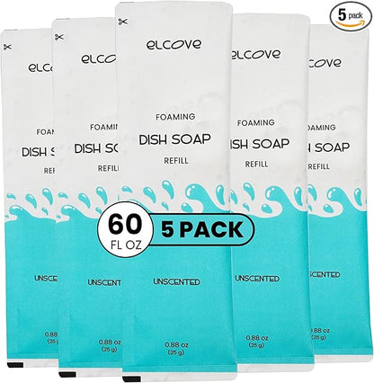 Foaming Dish Soap Refills (5pk), Concentrated Powder Refills Make 5 Bottles x 12oz each of Non Toxic Eco Friendly Unscented Dish Soap, Zero Waste, Plastic Free, Septic Safe