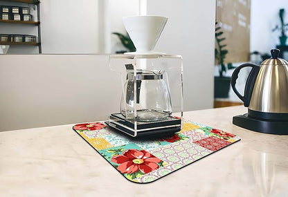 Rubber Dish Drying Mat for Kitchen Counter Large Boho Flowers Washable Quick Home Coffee Pad Fit Under Sink,Bar,Utensils 16x18in