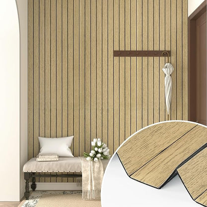 Wallercity 3D Wood Brown Wall Panels Peel and Stick Faux Wood Slat Decorative Wall Panels for Ceiling Self Adhesive Woodgrain Soundproof Foam Walls Paneling for Bedroom Counter Door Decor 11.7"x118"