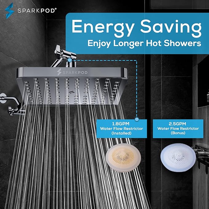 SparkPod Shower Head - High Pressure Rain - Premium Quality Luxury Design - Easy Clean Adjustable Replacement for Your Bathroom Shower Heads (Charcoal Grey, 8 Inch Square)