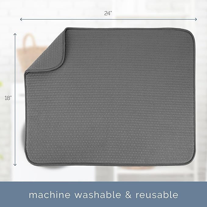 S&T INC. Dish Drying Mat XL, 18” x 24”, Absorbent Microfiber Kitchen Counter Mat, Drying Pad for Dishes, Utensils, Pots and Pans, Extra Large, Diamond Texture, Grey