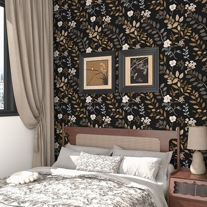 Laatse Black Floral Wallpaper Peel and Stick Vintage Leaf Contact Paper Waterproof Self Adhesive Removable Modern Boho Wall Paper for Bedroom Cabinets Kitchen Locker Drawer 17.5"X118"