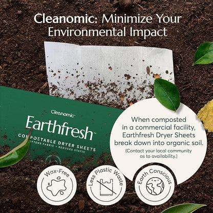 Cleanomic Earthfresh Fabric Softener Sheets Dryer Sheets, Softens & Removes Static Cling, Vegan Laundry Softener With Essential Oils -Fragrance Free