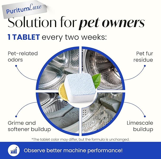 Washing Machine Cleaning Tablets – Washing Machine Cleaner Tablets Remove Pet Odor, Fur, and Dirt Buildup – Deodorizing for HE, Front, Top Load Types – Safe for Septic Systems – 24 pcs