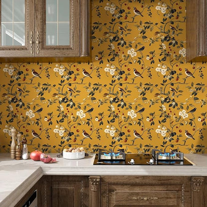 Laatse Vintage Bird Wallpaper 17.5"x118" Yellow Chinoiserie Floral Wallpaper Peel and Stick Removable Waterproof Self Adhesive Boho Wall Paper Floral Contact Paper for Bedroom Walls Cabinet Locker