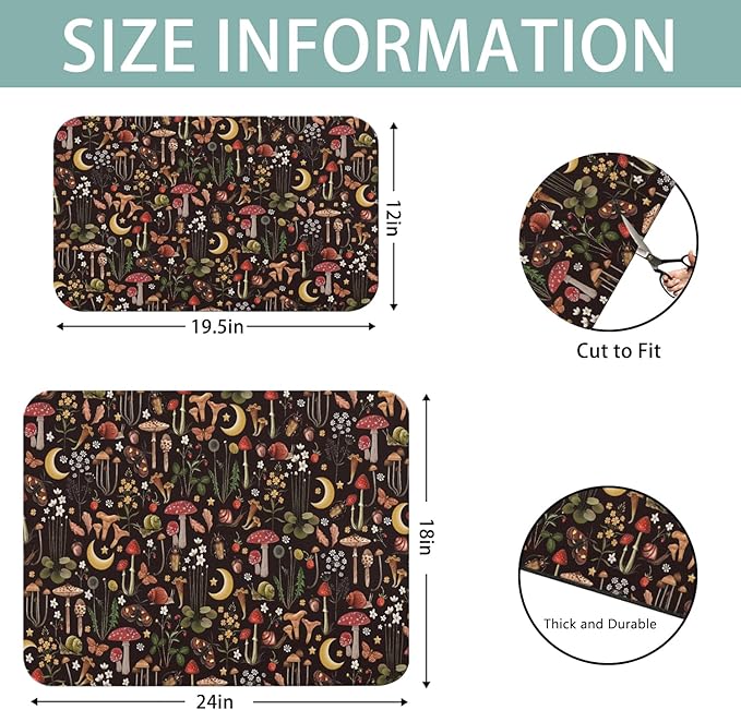 Dish Drying Mat for Kitchen Counter 2 Pack with Non-Slip Rubber Backing - Heat-Resistant Absorbent Coffee Bar Mat, Dish Rack Mat, Mushrooms Dish Drying Mats 18x24+19.5x12 inch