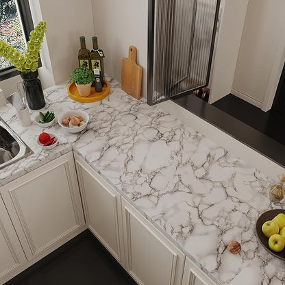 JSEVEM 16"×118" Grey White Marble Wallpaper Peel and Stick Waterproof Gray Marble Contact Paper Vinyl Wrap Glossy Textured Self Adhesive Granite DIY Tile Sticker for Kitchen Cabinets Table Countertops