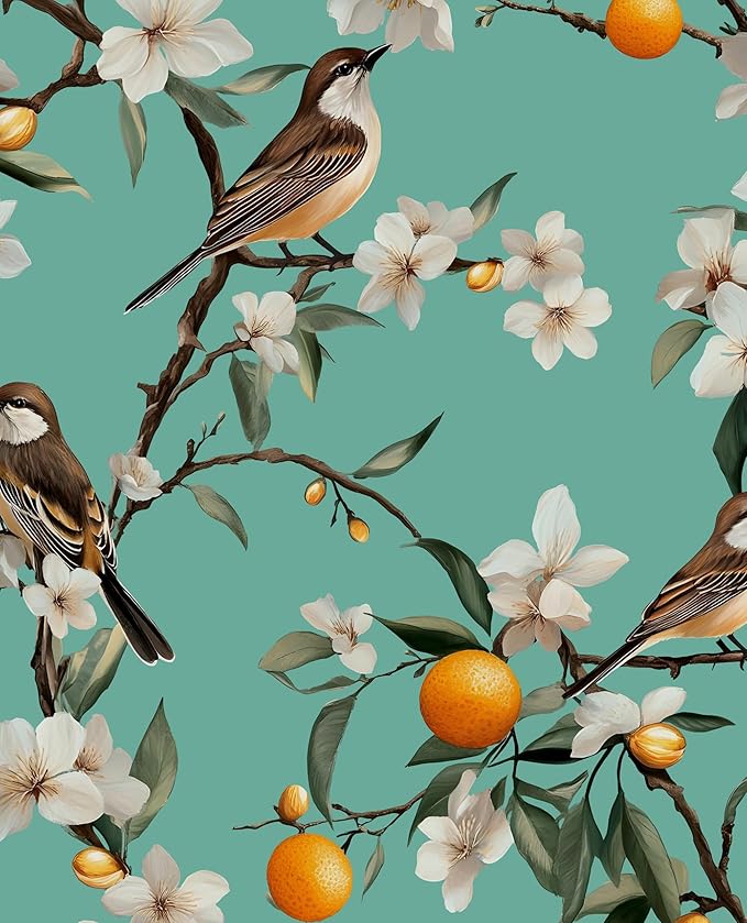 Teal White Bird Floral Wallpaper Peel and Stick, Fresh Orange Tree Contact Paper, Self Adhesive Removable Retro Flower Wall Mural Wall Paper for Room Walls Shelves Cabinet Table Decor 17.5" x 118"