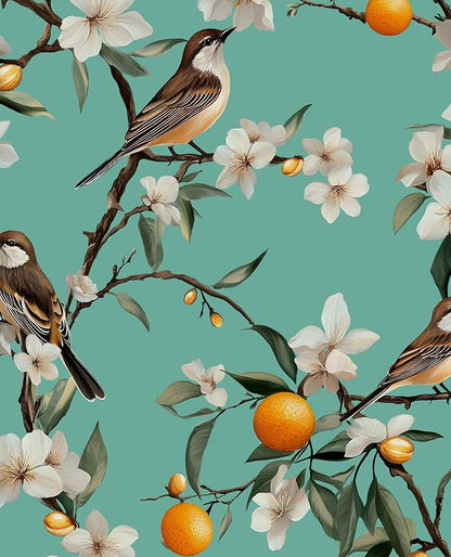 Teal White Bird Floral Wallpaper Peel and Stick, Fresh Orange Tree Contact Paper, Self Adhesive Removable Retro Flower Wall Mural Wall Paper for Room Walls Shelves Cabinet Table Decor 17.5" x 118"