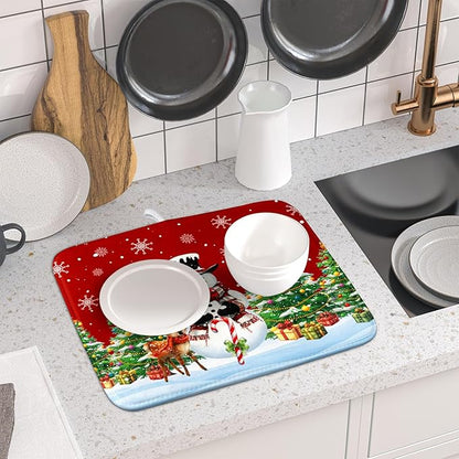 Christmas Snowman Dish Drying Mat for Kitchen Counter,Christmas Tree Winter Snowflake Red Drying Mat 16 x 18 Inch with High Absorbent Reversible Microfiber Dish Drying Pad Drainer Mat for Coffee Bar