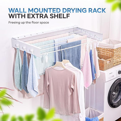 40" Premium Aluminium Foldable Clothes Drying Rack Included Shelf with 6 Rods & 6 Extra Clips - Large Laundry Rack | 65 LBs Capacity Space-Saving Collapsible Design for Indoor Outdoor Use