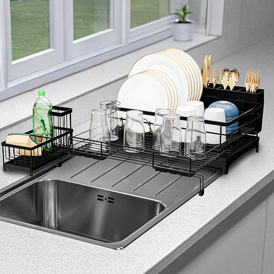 2 IN 1 Expandable Dish Drying Rack plus Sponge Organizer, Stainless Steel Drying Rack with Drainer Plate, Kitchen Countertop Organizer Space Saving Utensil Holder, Scratch Resistant and Rust-Proof