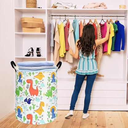 KUNRO Round Laundry Gift Basket Storage Hamper, Clothes Storage Organizer Bins, Shelf Basket with Handles for Room Decor
