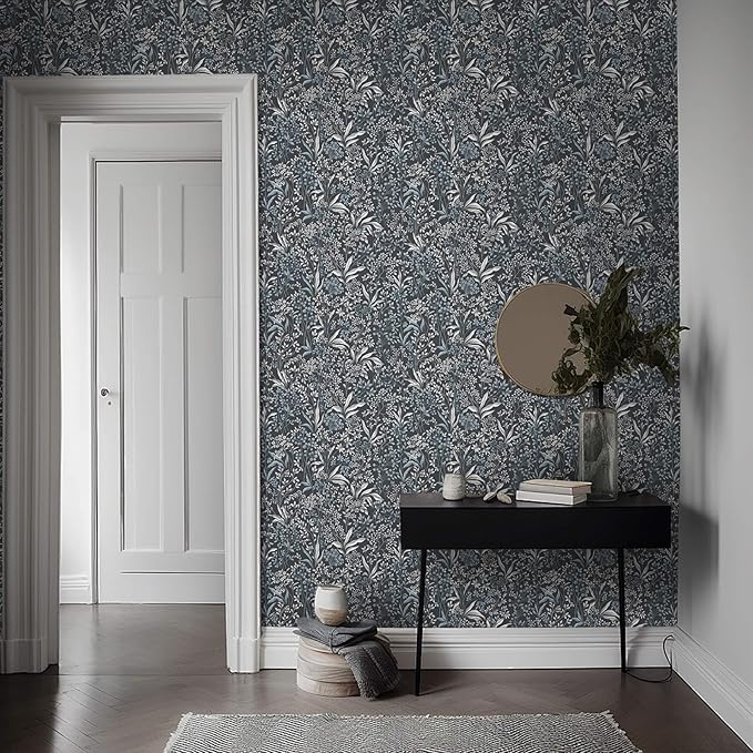 Heroad Brand 17.3''x196'' Blue Peel and Stick Wallpaper Boho Dark Blue Floral Contact Paper Removable Self Adhesive Contact Paper for Cabinets Waterproof Decoration Wallpaper for Walls