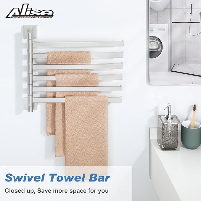 Alise Swivel Towel Rack, 6-Arm Towel Bar, Space Saving Towel Rack Wall Mount Drying Towel Holder, Swing Out Towel Holder for Bathroom Kitchen Toilet, Square SUS304 Stainless Steel, Brushed Nickel