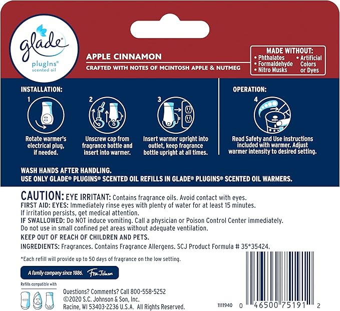 Glade PlugIns Refills Air Freshener, Scented and Essential Oils for Home and Bathroom, Apple Cinnamon, 2.01 Fl Oz, 3 Count