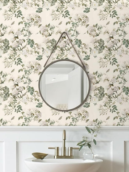 Wudnaye Vintage Floral Peel and Stick Wallpaper Beige Flower Contact Paper16.9’’×393’’Green Leaf Self Adhesive Removable Wallpaper Floral Rose Wall Paper Waterproof for Bathroom Bedroom Cabinets Decor