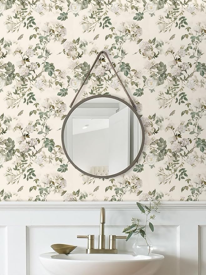 Wudnaye Vintage Floral Peel and Stick Wallpaper Beige Flower Contact Paper16.9’’×118’’Green Leaf Self Adhesive Removable Wallpaper Floral Rose Wall Paper Waterproof for Bathroom Bedroom Cabinets Decor