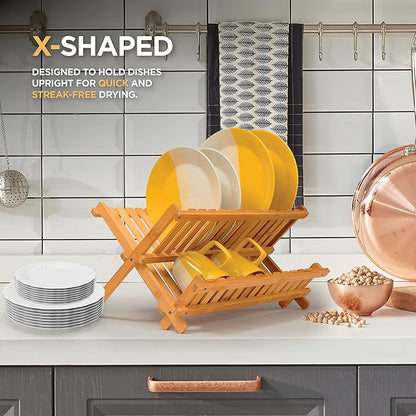Dish Drying Rack - Collapsible Bamboo 2 Tier Foldable Wooden Dish Drainer for Countertop, Plates Cups Bowls Utensils, Eco Friendly Folding Bamboo Dish Rack for Kitchen Home Apartment RV - by Bambusi