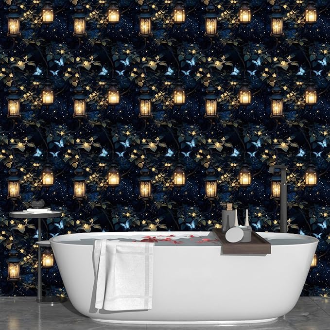 Night Forest Wallpaper Peel and Stick Dark Contact Paper Vintage Green Leaf Wall Paper Vinyl Waterproof Self Adhesive Retro Lantern Butterfly Walls Mural for Bedroom Cabinet Table Décor17.5" x 393"