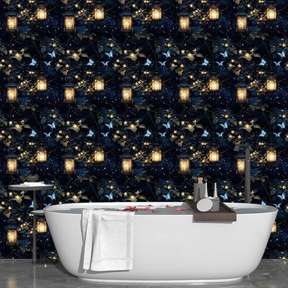 Night Forest Wallpaper Peel and Stick Dark Contact Paper Vintage Green Leaf Wall Paper Vinyl Waterproof Self Adhesive Retro Lantern Butterfly Walls Mural for Bedroom Cabinet Table Décor17.5" x 393"