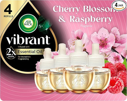 Air Wick Vibrant Plug In Scented Oil Refill, Infused with Essential Oils, Plug In Air Fresheners for Home, Cherry Blossom & Raspberry, 4 ct