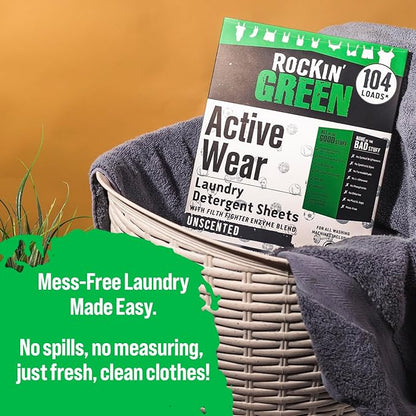 Rockin' Green Active Wear Travel Laundry Detergent Sheets Unscented - Mess-Free Laundry Sheets Detergent with Sodium Bicarbonate - Easily Dissolvable Laundry Soap for Traveling (104 Loads)