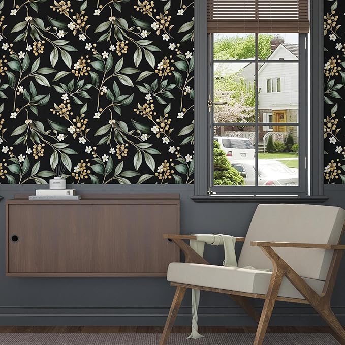 Dark Peel and Stick Wallpaper Vintage – Dark Green Leaf Removable Self-Adhesive Vinyl for Bathroom Bedroom Kitchen Drawer Cabinet, Black Green Gold Floral Wall Decor Retro Style 17.5" x 118"