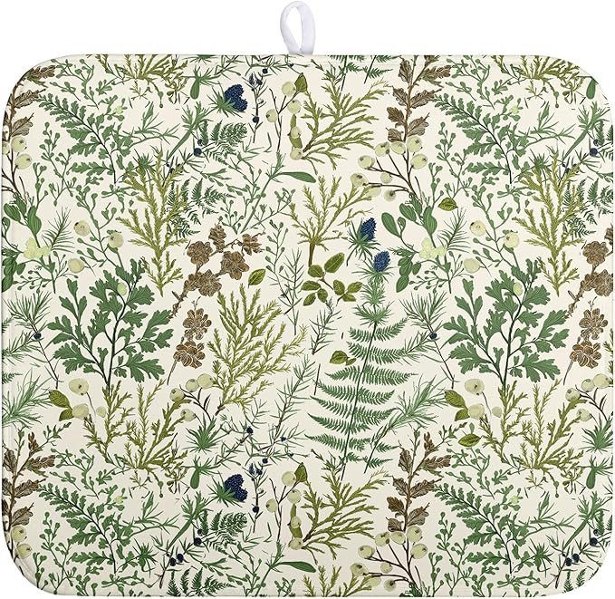 Sage Green Botanical Floral Dish Drying Mat for Kitchen Counter Vintage Herbs Fern Leaves Plant Drying Mats Absorbent Microfiber Dishes Drainer Mats Washable Dish Draining Pad Medium 16"x18"