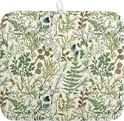 Sage Green Botanical Floral Dish Drying Mat for Kitchen Counter Vintage Herbs Fern Leaves Plant Drying Mats Absorbent Microfiber Dishes Drainer Mats Washable Dish Draining Pad Medium 16"x18"