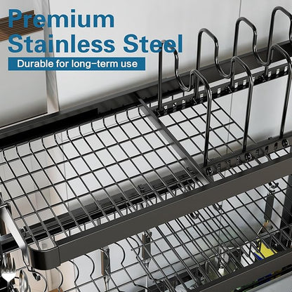 LIVOD Over The Sink Dish Drying Rack,3 Tier Adjustable Length Full Stainless Steel Large Storage Kitchen Dish Rack,for Kitchen Counter Expandable Multifunctional Organizers,Silver (25.5'' to 37.6'')