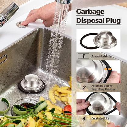 Mudder 3 Pcs Kitchen Sink Drain Strainer and Stopper Stainless Steel Garbage Disposal Plug with Handle Universal Anti-Clogging Kitchen Sink Filter Sieve Basket Strainer(Brushed Silver)