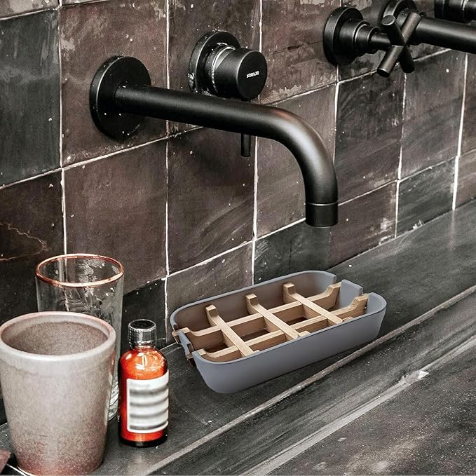 Aoheuo Modern Bamboo Fiber soap Holder and soap Dish Combination (Removable), Gray, 5.12 Long by 3 Wide, 0.98 inches high, Used in Kitchens, bathrooms, and bar Sinks