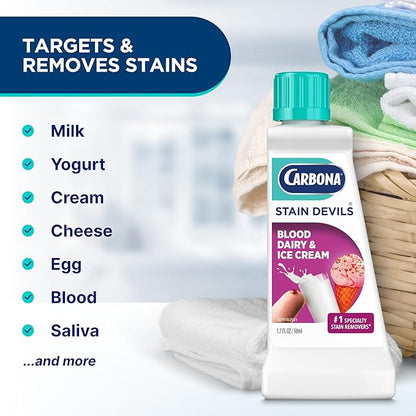 Carbona Stain Devils® #4 | Blood, Dairy & Ice Cream | Professional Strength Laundry Stain Remover | Multi-Fabric Cleaner | Safe On Skin & Washable Fabrics | 1.7 Fl Oz, 1 Pack