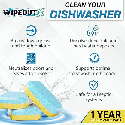 Dishwasher Cleaner – 24 Pack (1-Year Supply) Dishwasher Cleaner and Deodorizer Tablets, Odor and Smell Remover Septic Safe Natural Limescale, Calcium, Hard Water Marks & Grease Remover