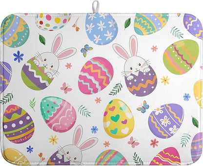Happy Easter Bunny Dish Drying Mats Spring Floral Dish Mat Easter Cute Rabbit Eggs Drying Matt Dishes Dryer Pad for Kitchen Counter Absorbent Microfiber Washable Foldable Reusable 18x24 in