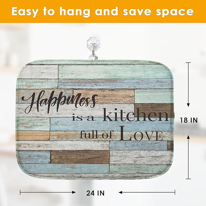Sanwarm Absorbent Dish Drying Mat, Happiness Is A Kitchen Full of Love Microfiber Pad for Kitchen Counter, Coffee Bar Decor, Heat Resistant and Reversible, 18" x 24"