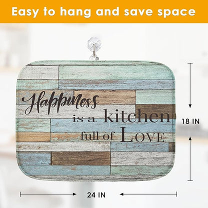 Sanwarm Absorbent Dish Drying Mat, Happiness Is A Kitchen Full of Love Microfiber Pad for Kitchen Counter, Coffee Bar Decor, Heat Resistant and Reversible, 18" x 24"