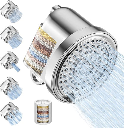 Filtered Shower Head, High Pressure 5 Spray Settings Filtered Showerhead for Hard Water Softener, Shower Head Set 30+2 Stage Shower Filter - Reduces Chlorine and Heavy Metals, 6 inch