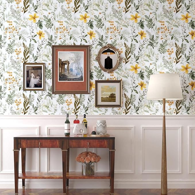 Laatse Green Leaf Wallpaper Peel and Stick, Vintage Yellow Floral Contact Paper 17.5" x 118", Self Adhesive Removable Waterproof Thick Vinyl Wall Paper for Bedroom Walls Shelf Cabinet Table Decor