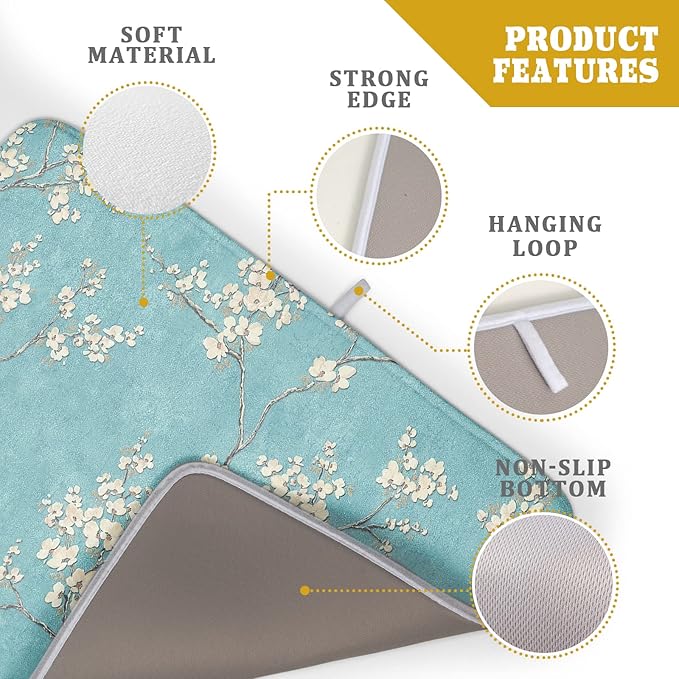 Teal Turquoise Dish Drying Mat for Kitchen Counter Spring Floral Drying Mat 18 x 24 Inch with Absorbent Reversible Microfiber Dish Drying Pad Dish Rack Drainer Mat for Coffee Bar