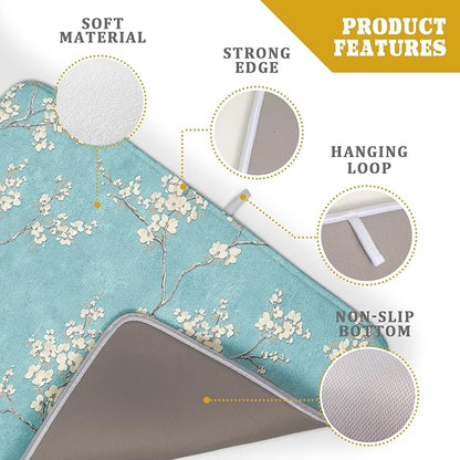 Teal Turquoise Dish Drying Mat for Kitchen Counter Spring Floral Drying Mat 18 x 24 Inch with Absorbent Reversible Microfiber Dish Drying Pad Dish Rack Drainer Mat for Coffee Bar